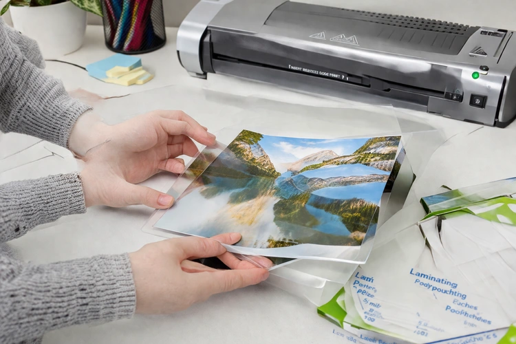 how to laminate photos without damage showing a photo being fed into a laminator with a carrier folder