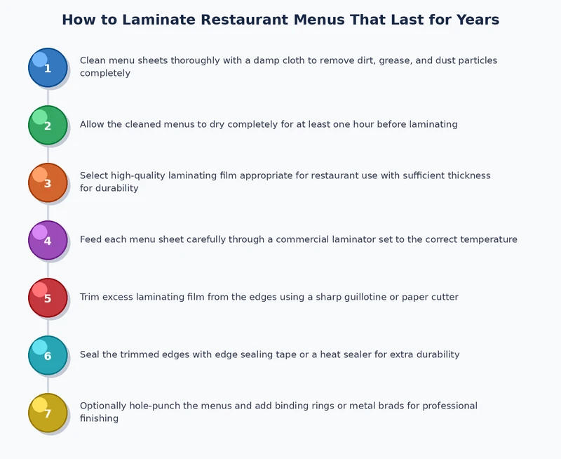 step by step process diagram for how to laminate restaurant menus from prep to trimming