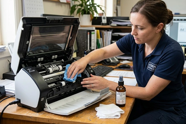 A person carefully cleaning the inside rollers of an open sheet-fed document scanner with a microfiber cloth and isopropyl alcohol solution, showing proper maintenance technique.