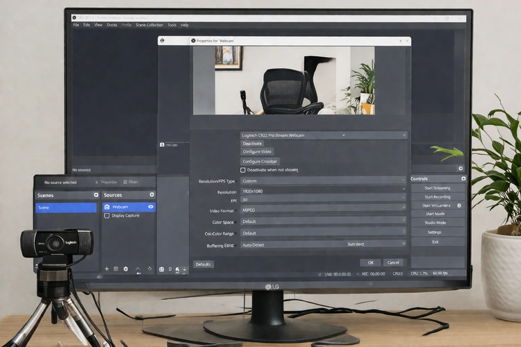 webcam settings OBS Studio interface with video capture device properties open