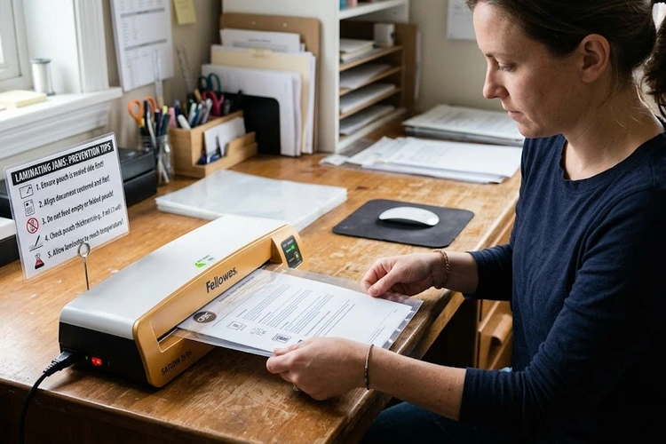 A person carefully aligning a document inside a laminating pouch before feeding it straight into a laminator. A small placard nearby shows common jam-prevention tips.