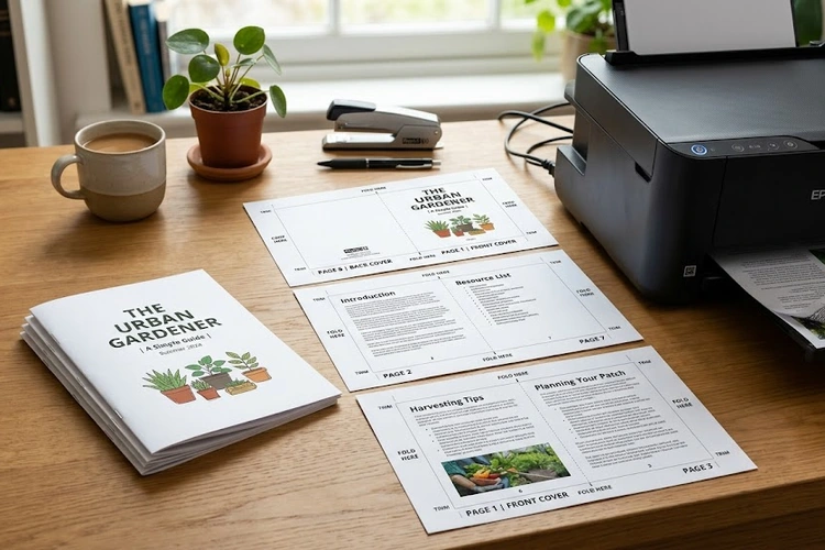 how to print a booklet at home using a desktop printer with folded pages on a desk