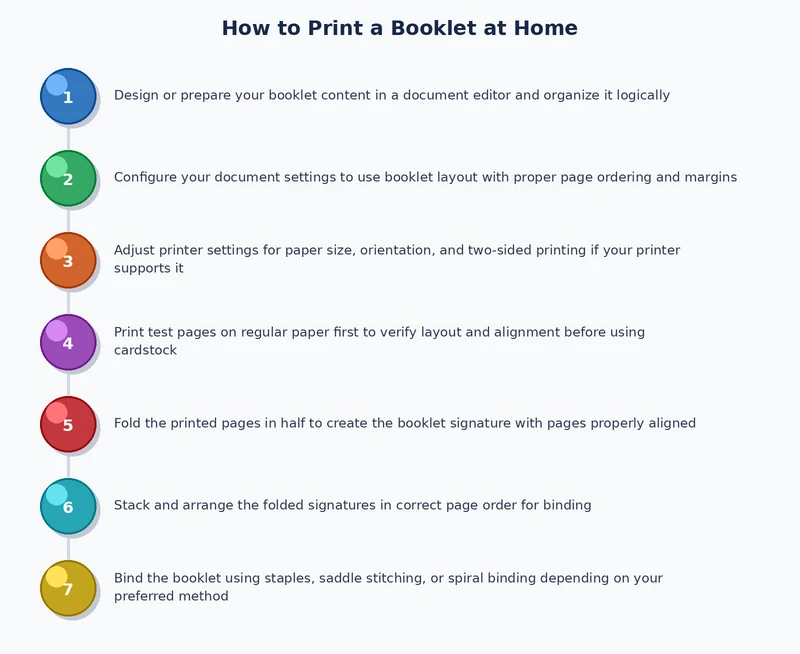 step by step process diagram for how to print a booklet at home fold and staple