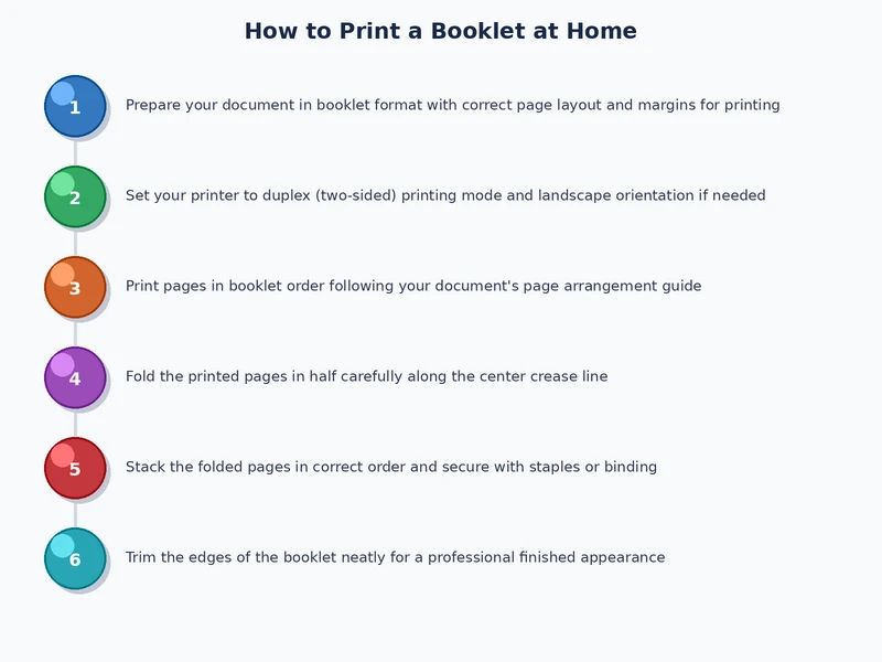 step by step process diagram for how to print a booklet at home including folding and stapling