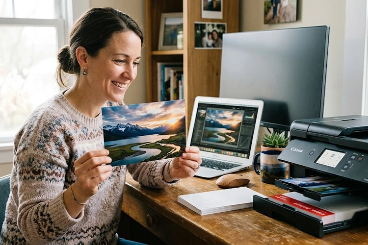 borderless photo print coming out of a home inkjet printer with no white margins