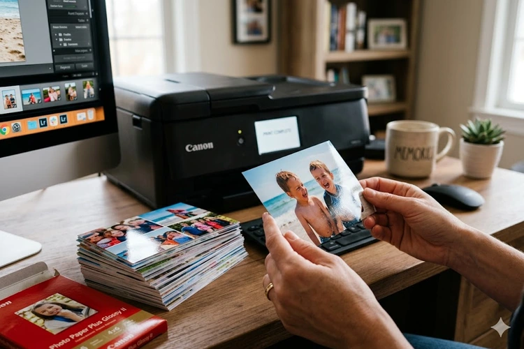 borderless photo printing setup at home with printer and glossy photo paper