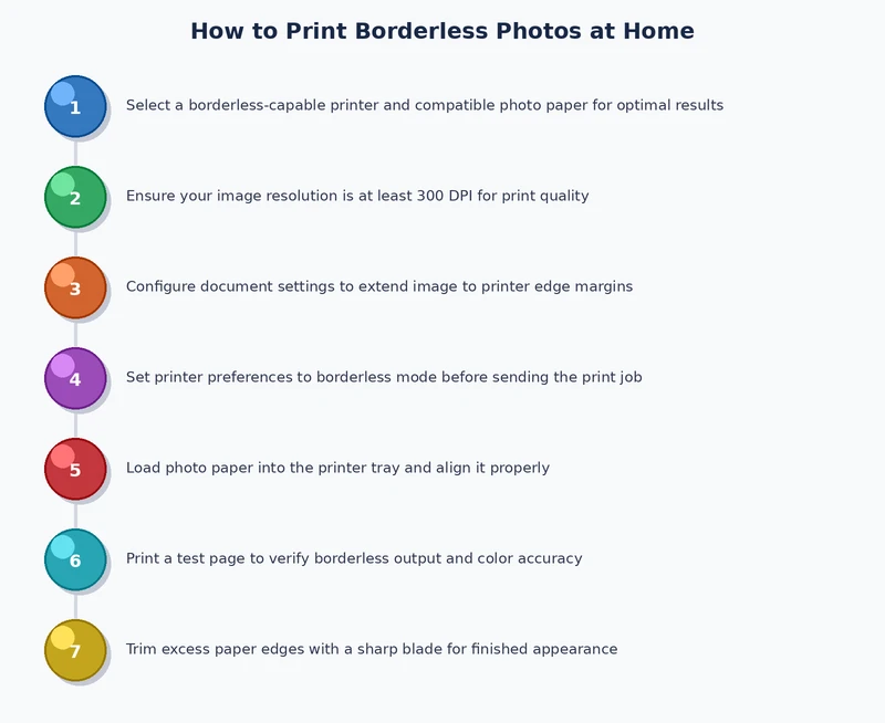 step-by-step process diagram showing how to print borderless photos from driver settings to finished print