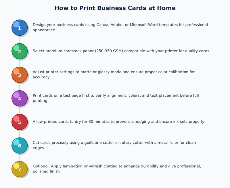 step-by-step process diagram for printing business cards at home from design to cutting