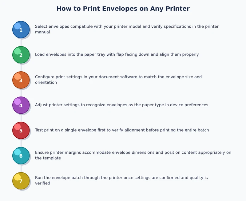 step-by-step process diagram for how to print envelopes on any printer