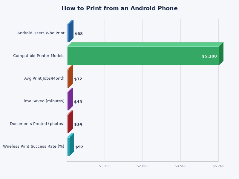 Chart comparing Android printing methods by speed, setup complexity, and compatibility