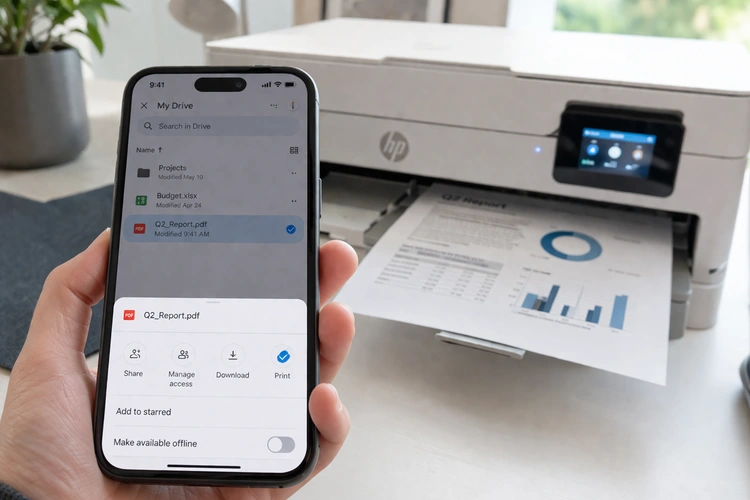 Laptop screen showing how to print from Google Drive or Dropbox cloud storage interface