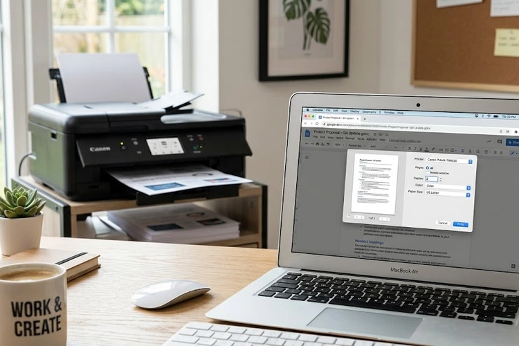 Laptop screen showing Google Docs print dialog connected to a wireless printer on a home desk