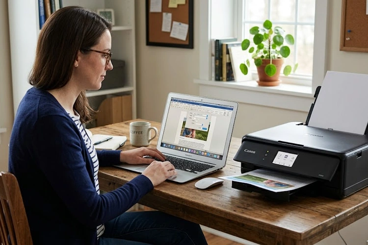Laptop connected wirelessly to a printer demonstrating how to print from a laptop without drivers