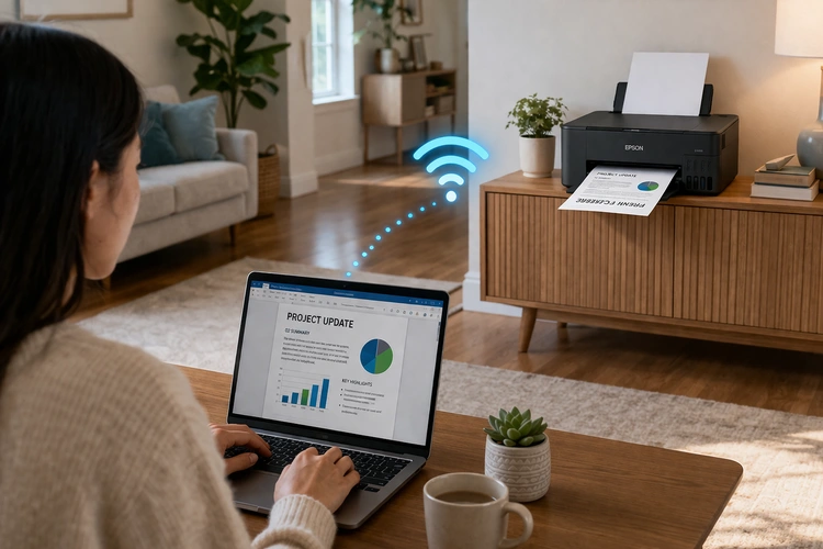 Laptop connected to a wireless printer demonstrating how to print from laptop without software