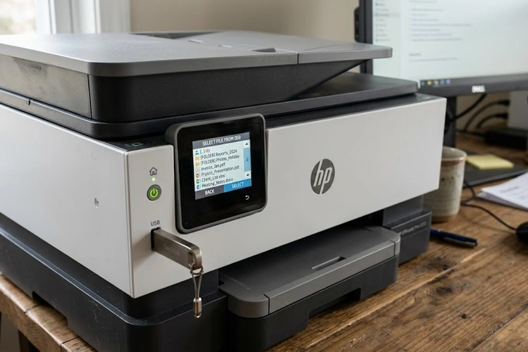 USB drive inserted into a printer's front USB port for direct printing