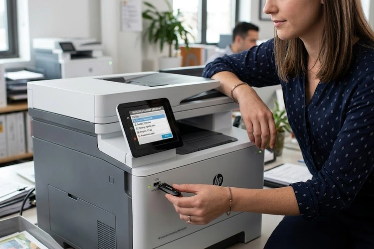 inserting a USB flash drive into a printer's front USB port to print directly