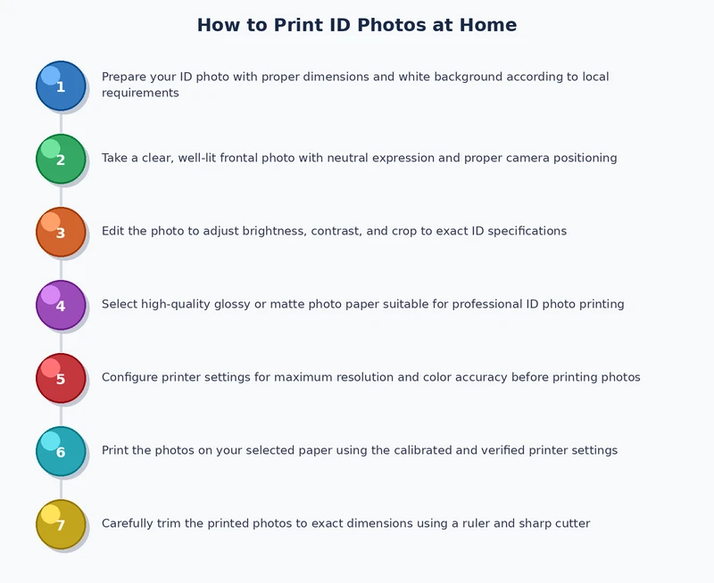 Step-by-step process diagram for printing ID photos at home: take photo, crop, layout, print