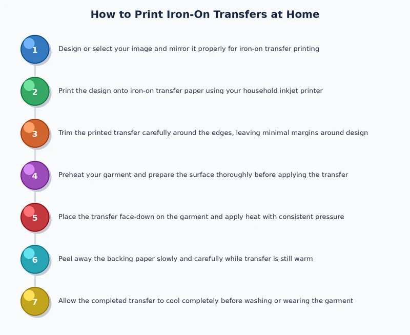 step by step process diagram for printing and applying iron on transfers at home