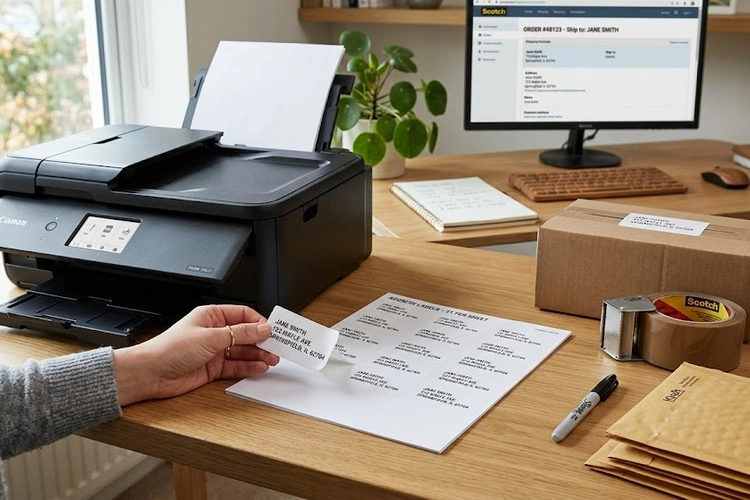 Home inkjet printer printing adhesive label sheets on a desk — how to print labels at home printer guide