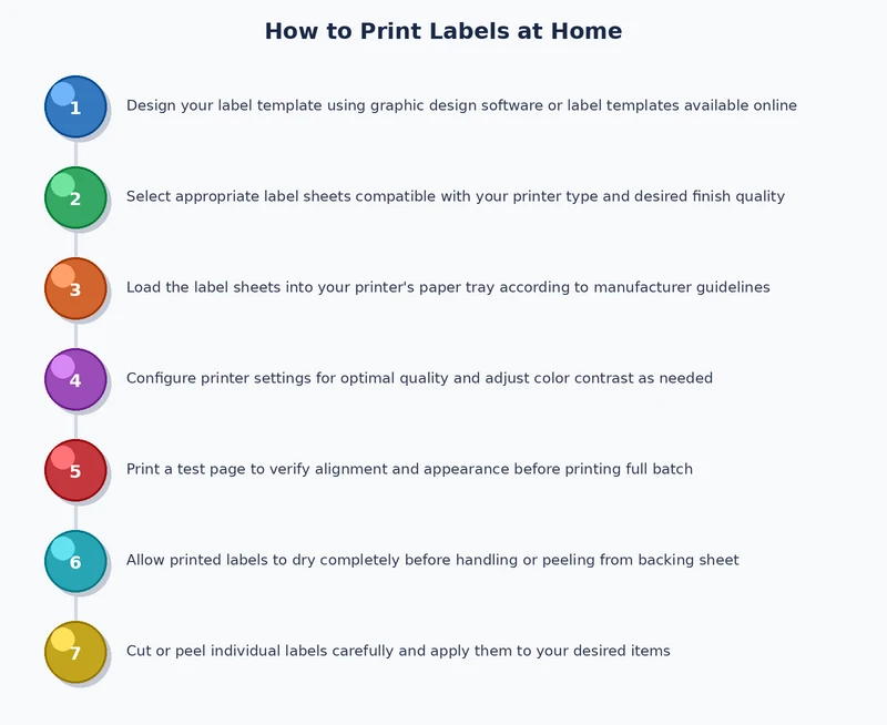 Step-by-step process diagram showing how to print labels at home printer — from design to final print