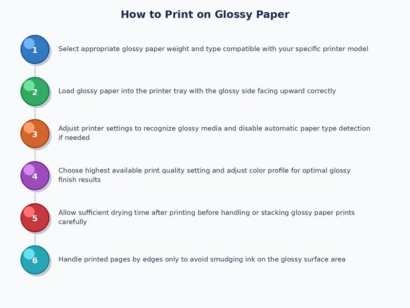 Step-by-step process diagram for printing on glossy paper correctly