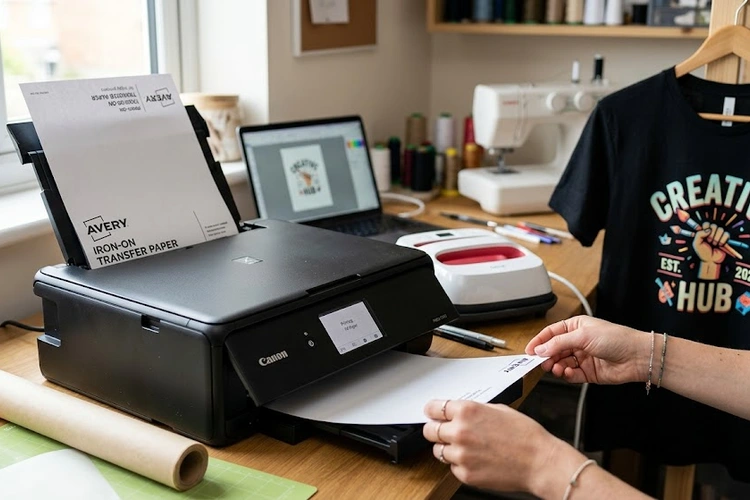 Hands placing a sheet of iron-on transfer paper into a home inkjet printer. A finished custom t-shirt with a printed design is visible in the background.