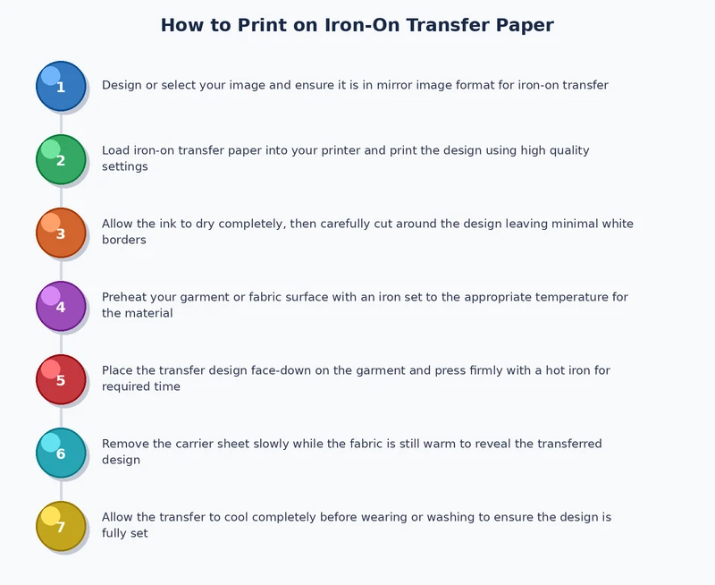 step-by-step process diagram showing how to print on iron-on transfer paper from design to finished garment