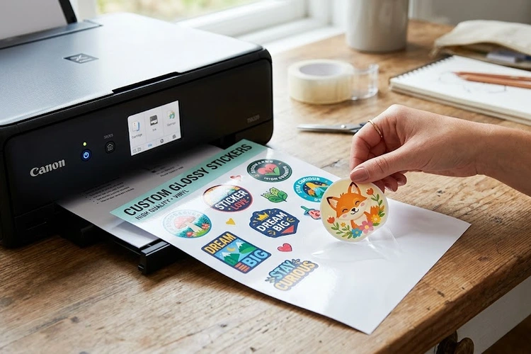 how to print on sticker paper — inkjet printer producing custom sticker sheets on a desk