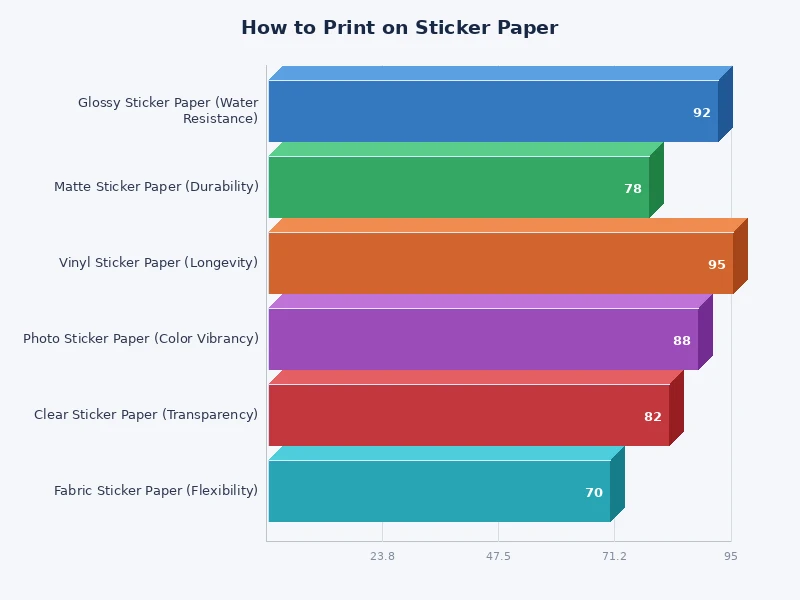 bar chart comparing sticker paper finish types by durability, color vibrancy, and cost