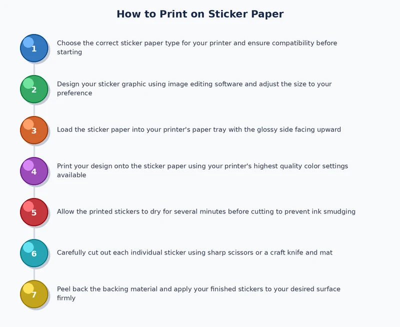 step-by-step process diagram for printing on sticker paper from design to cutting