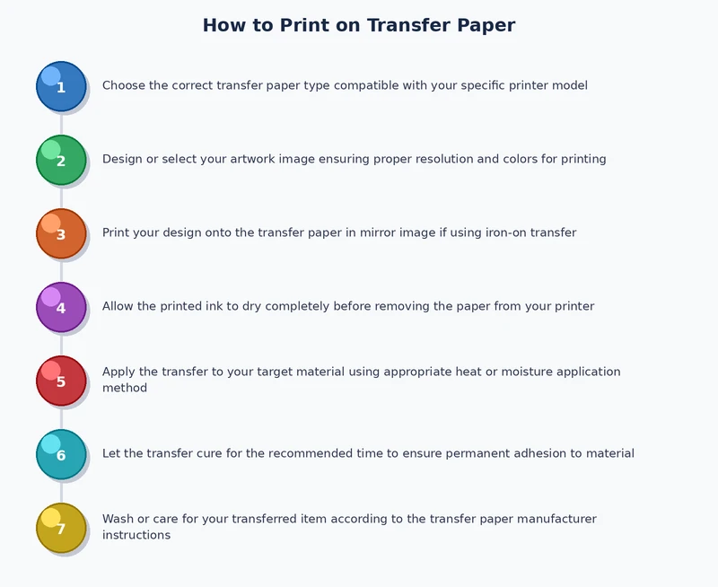 process diagram showing steps to print on transfer paper from design to heat press application