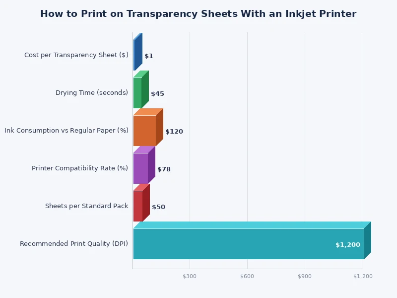 Bar chart comparing drying time, color vibrancy, and compatibility scores for major inkjet transparency sheet brands