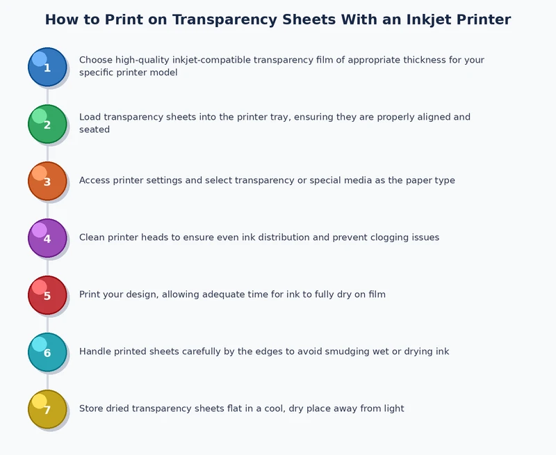 Step-by-step process diagram showing how to print on transparency sheets inkjet: choose film, set media type, load, print, dry, handle