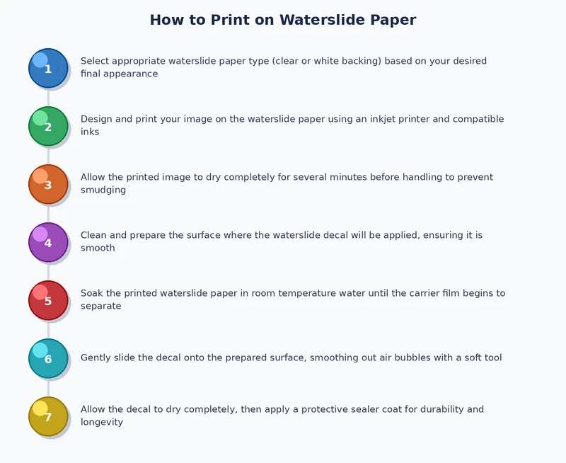 step-by-step process diagram for printing and applying waterslide paper decals