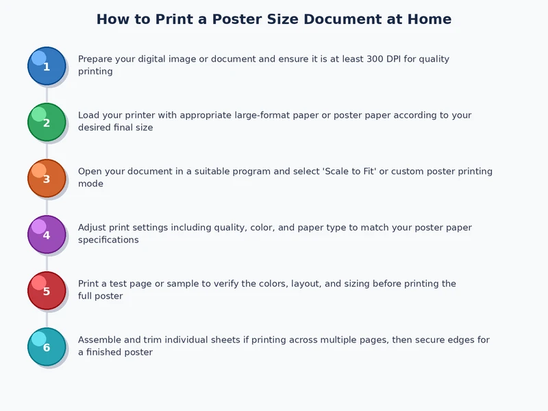 step by step process diagram for how to print poster size at home including tiling, printing, trimming, and assembling