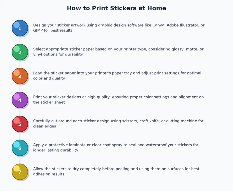 step-by-step process diagram for how to print stickers at home from design to cutting
