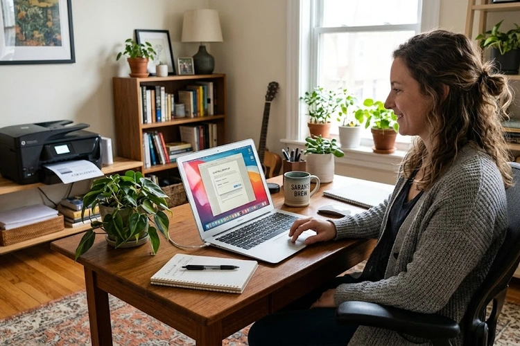 Laptop connected wirelessly to a printer showing how to print wirelessly from a laptop