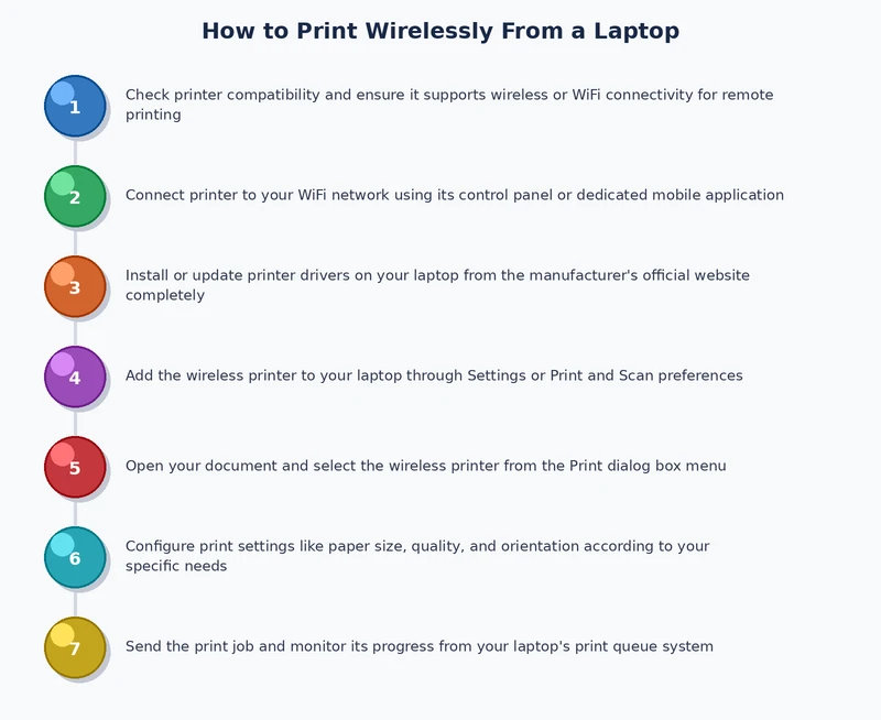 Process diagram showing the steps to set up wireless printing from a laptop to a printer