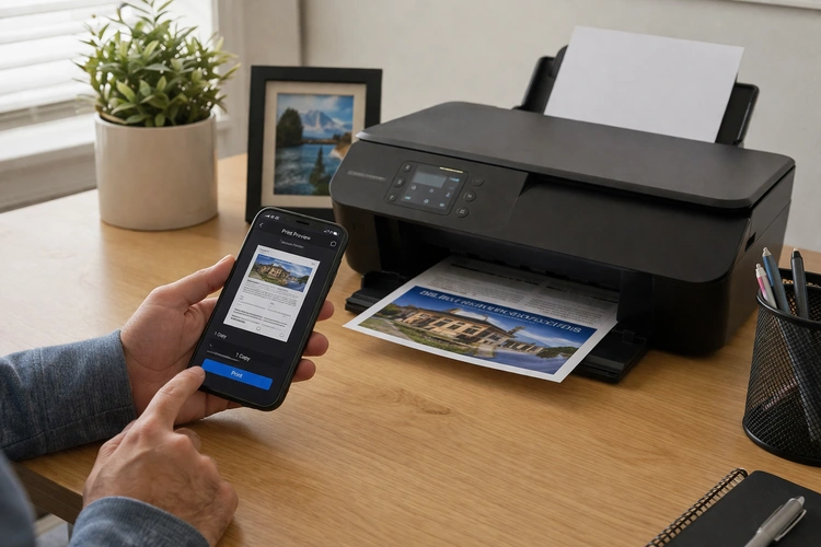 smartphone sending a print job wirelessly to a printer without a computer