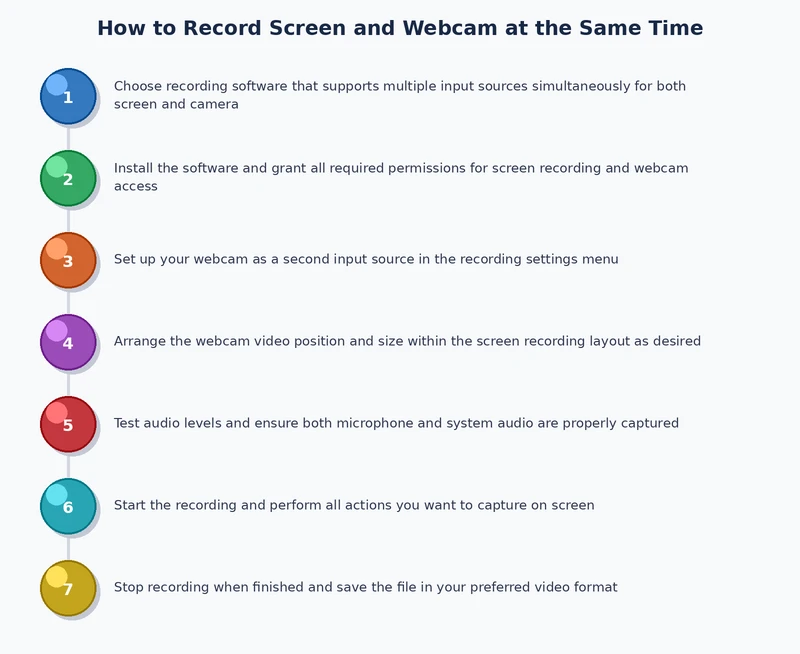 step-by-step process diagram for recording screen and webcam at the same time in OBS Studio
