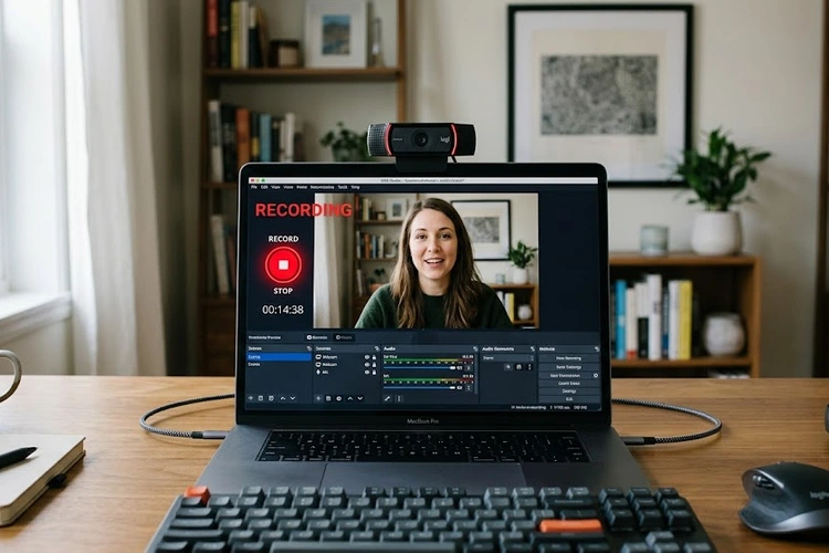 A webcam connected to a laptop on a desk showing a recording software interface on the screen with a red record button active, capturing a person talking to the camera.