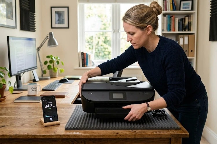 how to reduce printer noise — a desktop printer on a padded mat in a quiet home office