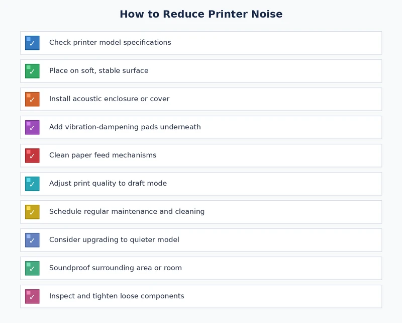 checklist of steps to reduce printer noise including placement, settings, and maintenance