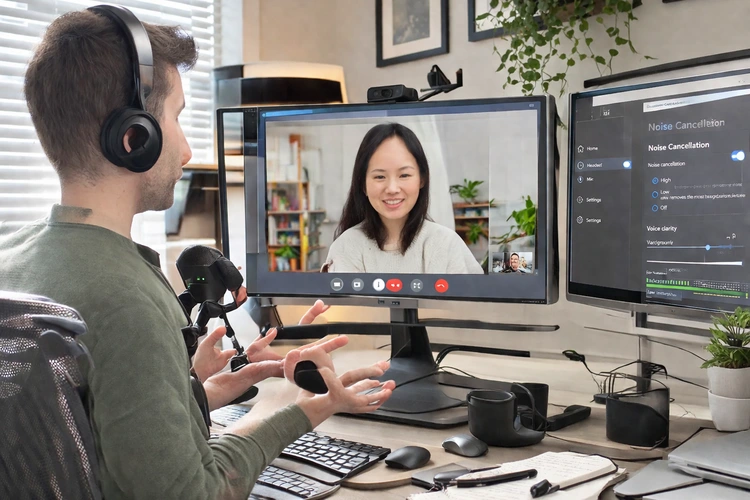 Person adjusting webcam and microphone settings on a laptop to reduce background noise during a video call