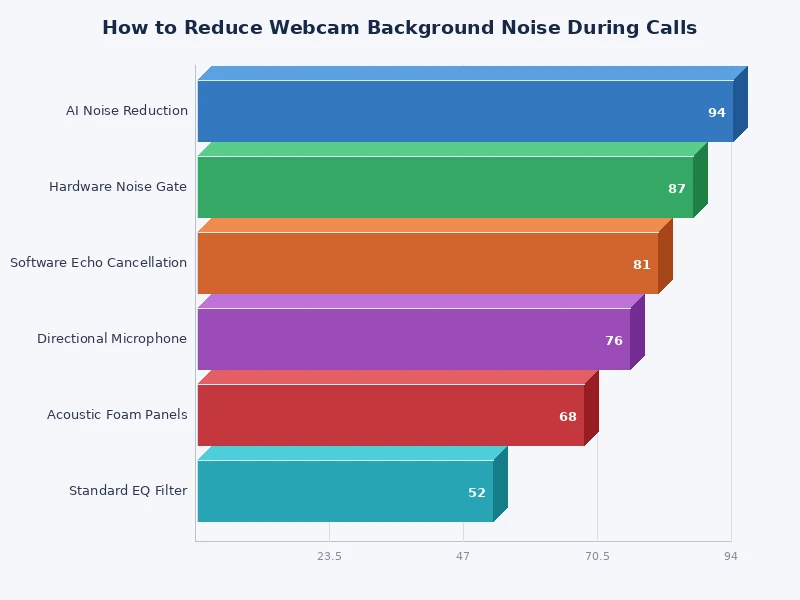 Bar chart comparing effectiveness of different noise reduction methods for webcam calls including software, hardware, and room treatment