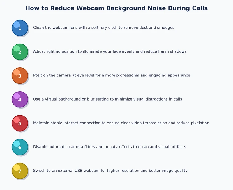 Step-by-step process diagram showing how to reduce webcam background noise from OS settings through software to hardware and room treatment