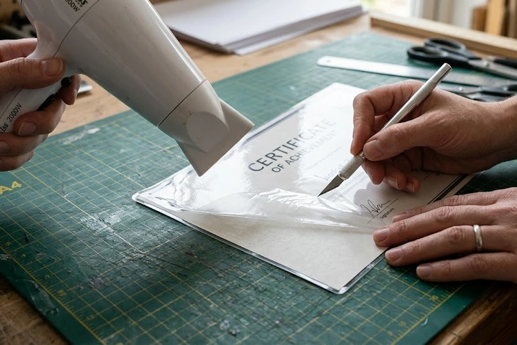 how to remove laminate from a document using a hair dryer and craft knife on a wooden surface
