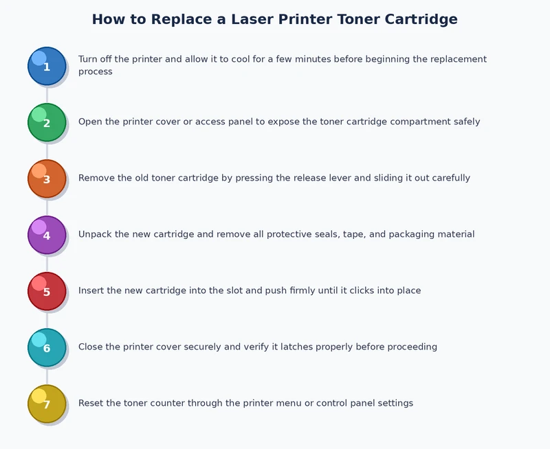 step by step process diagram for replacing a laser printer toner cartridge
