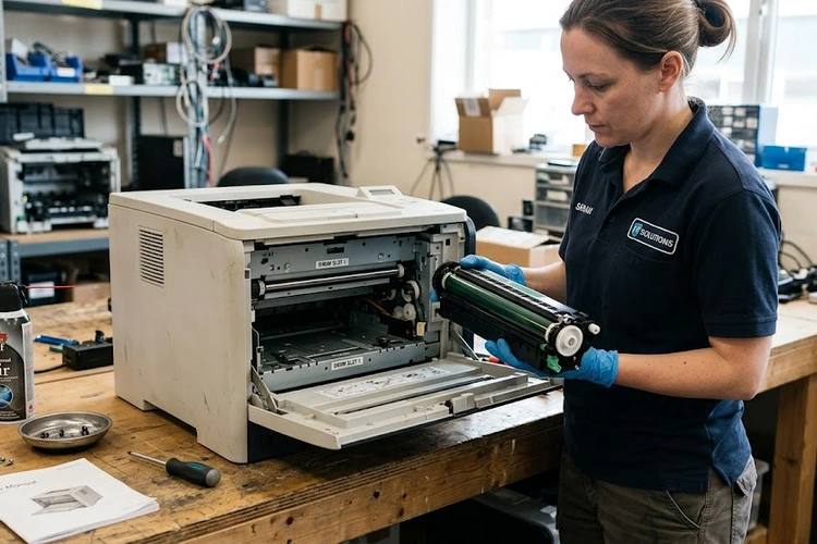 How to replace a printer drum unit — hands removing drum from laser printer