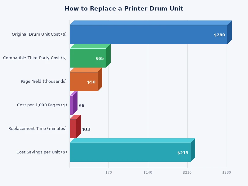 Chart comparing drum unit page yields across Brother, HP, Canon, Lexmark, Samsung, and Xerox printers